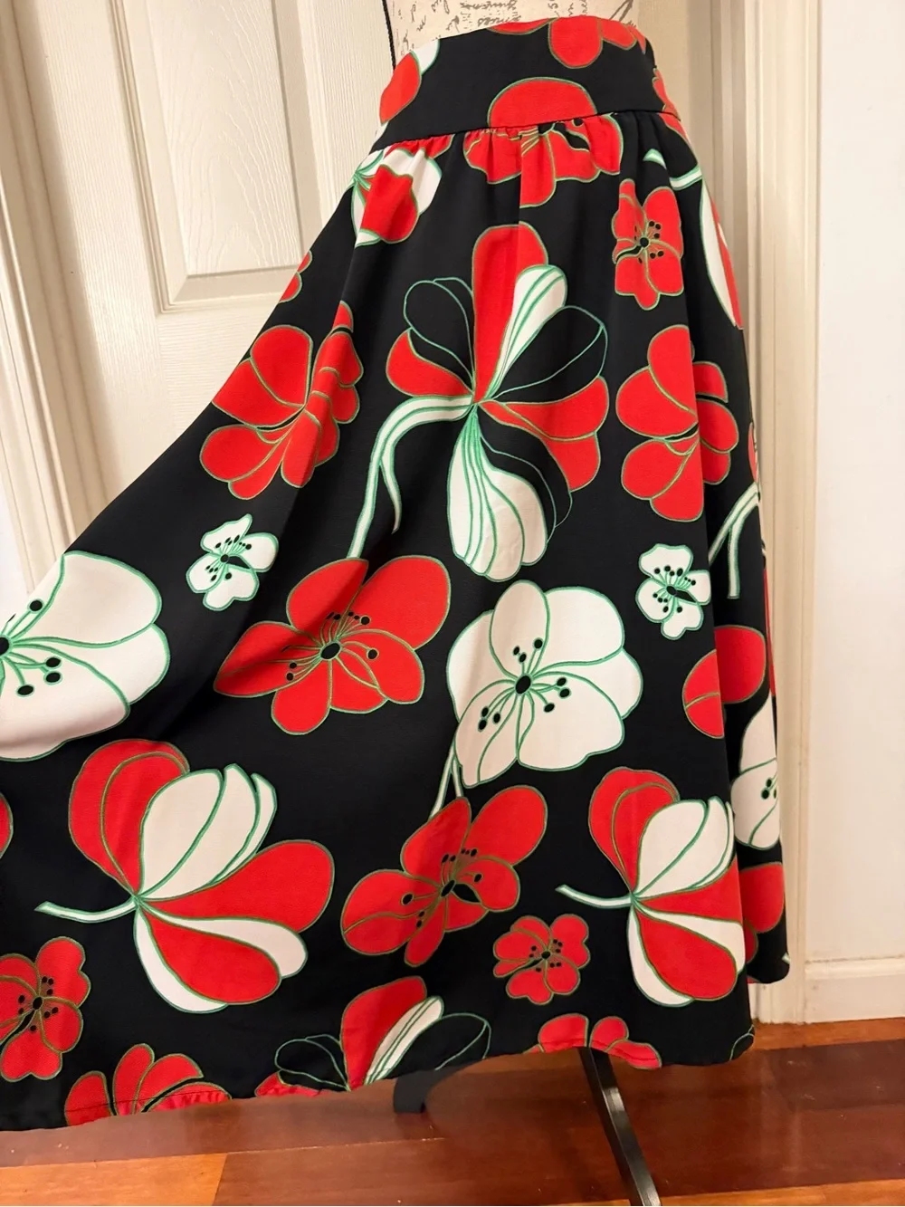Anthropologie Black Midi Skirt with Red and White Floral Print